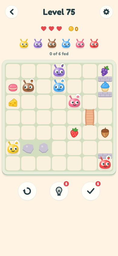Gulp level 75: a grid of colorful creatures and their food, with a wooden bridge and stone walls